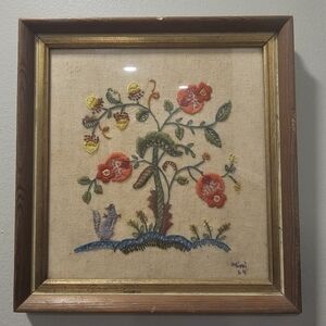 VTG 1960'S Crewel Embroidery- Mouse and Flowers